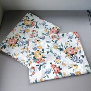 2 VTG Thomaston Pillow Shams Floral Peach Yellow Blue on White STANDARD Cottage